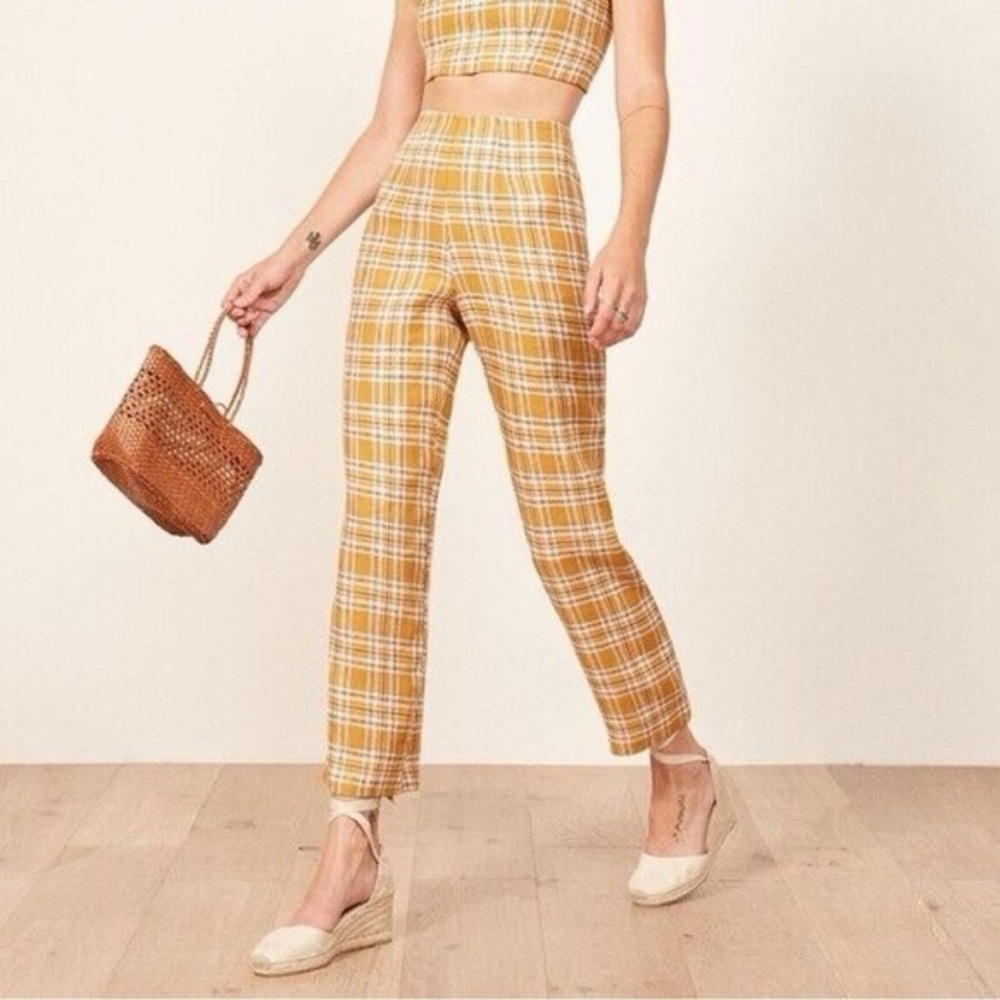 Reformation Linen Plaid Pants in "Cher" Yellow Sz 6